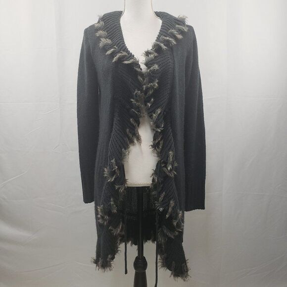 Gray Cardigan Sweater w Faux Fur Collar / Lapel Trim Open Tie Front Wool Acrylic - Picture 1 of 11